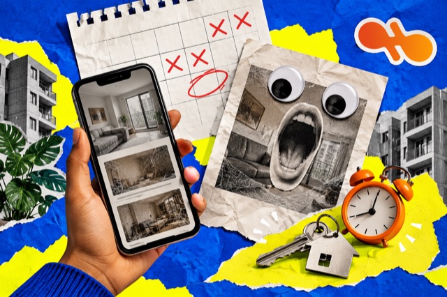 Photo collage of a home seeker’s phone, a sleepy listing card, a calendar and an alarm clock.