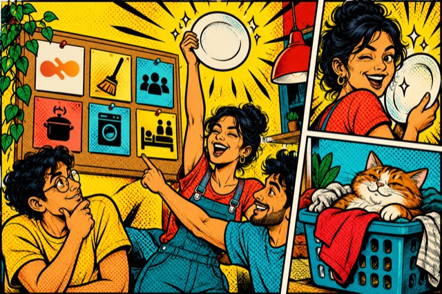 Pop-art comic of roommates planning house rules and celebrating a clean plate while a cat naps.