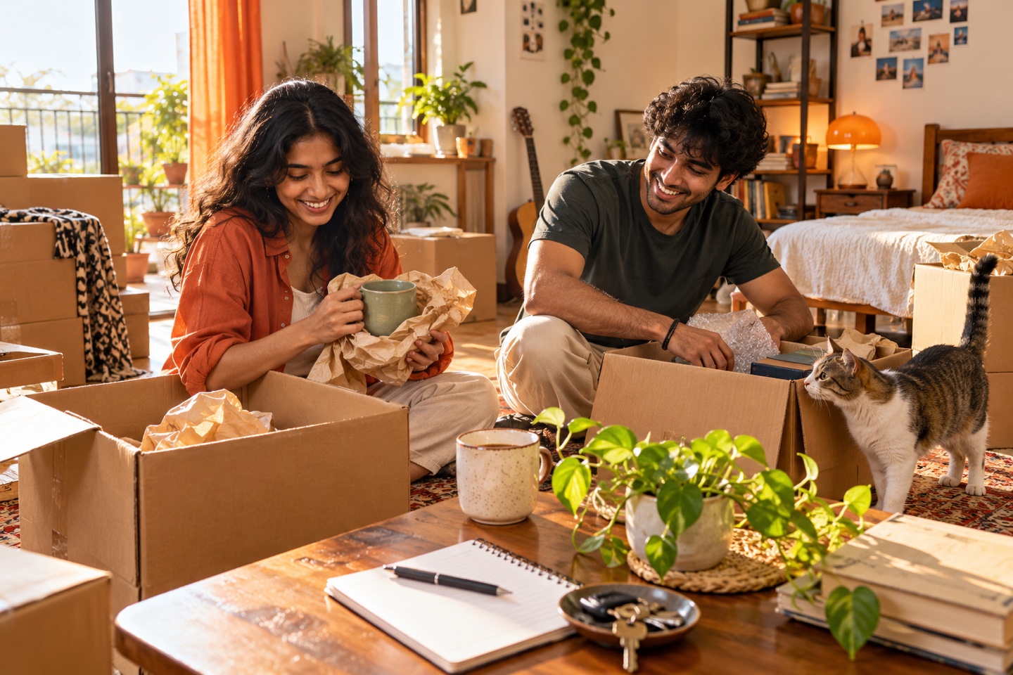 Young adult roommates unpack boxes in a sunny shared flat with a checklist and curious cat.