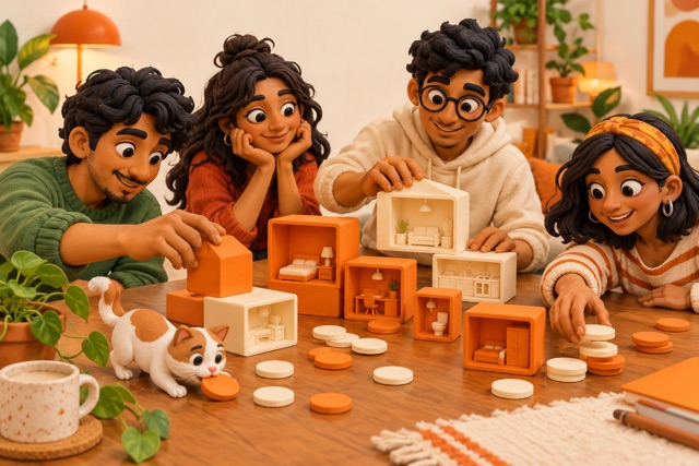 Clay roommates divide room-shaped blocks and expense tokens while a cat steals a token.