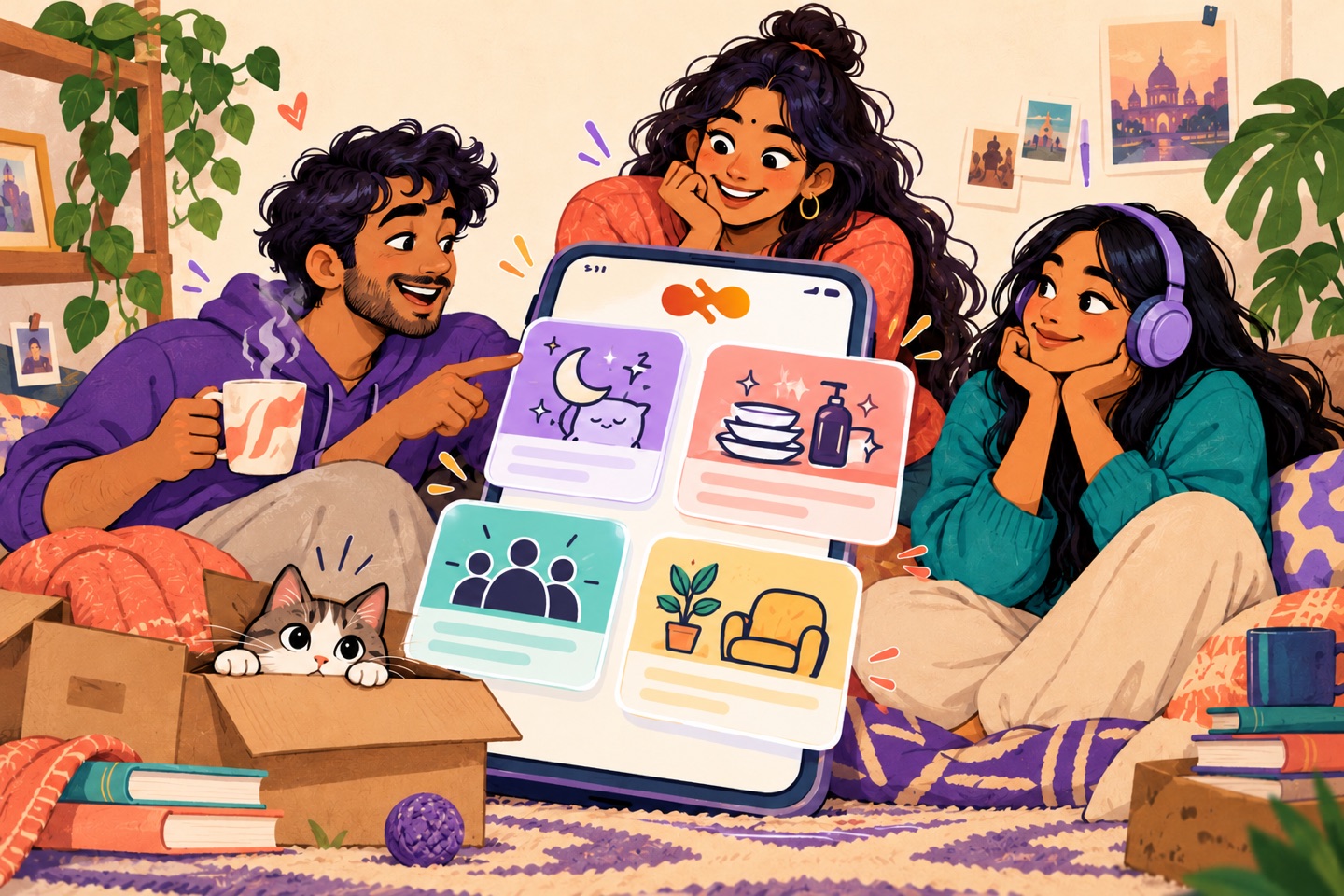 Three roommates explore quiz cards about sleep, cleaning, guests and personal space while a cat peeks from a moving box.